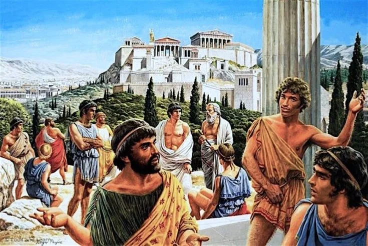 Painted scene of classical Greece with the Acropolis in the background